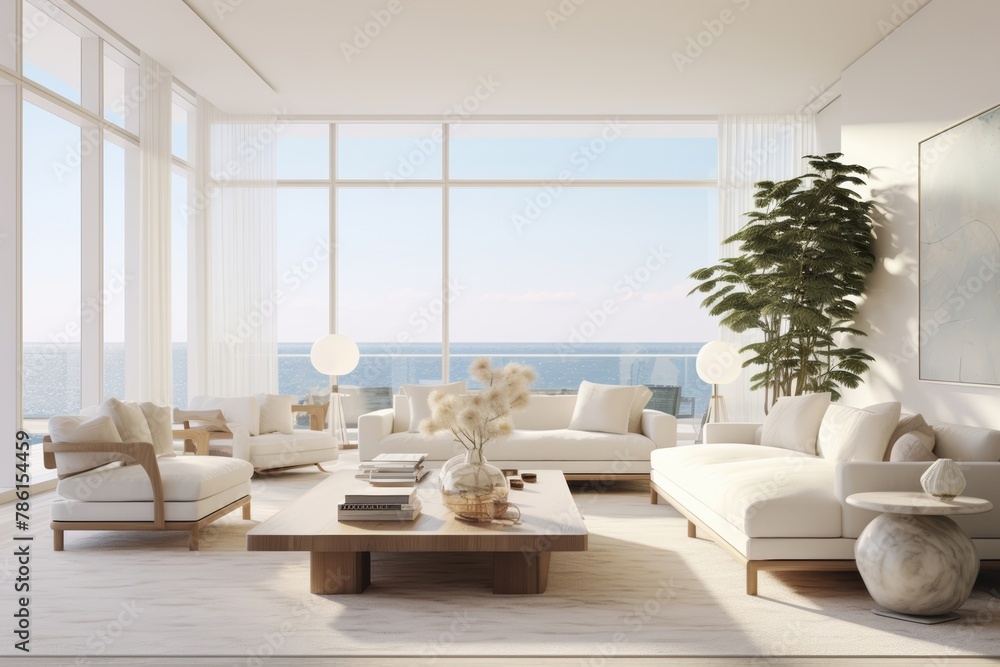 Fototapeta premium Interior architecture of a modern and cozy living room with sofa and furniture under warm sunlight without people. Generative AI.
