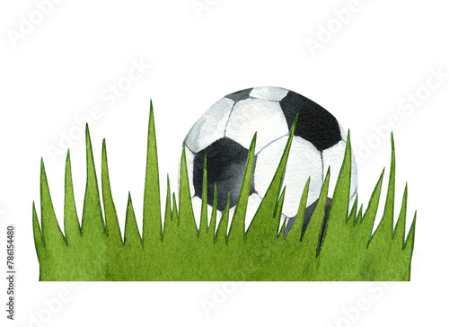 Watercolor soccer balls in the grass. Sports illustrations. Hand drawn football isolated on transparent.