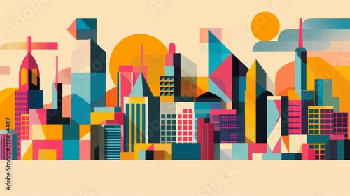 Illustration of a city skyline constructed from geometric shapes