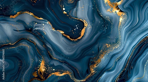 Elegant Marbled Texture with Swirls of Blue and Gold, Perfect as a Background or Abstract Art. Stylish Wave Patterns for Design Projects. AI