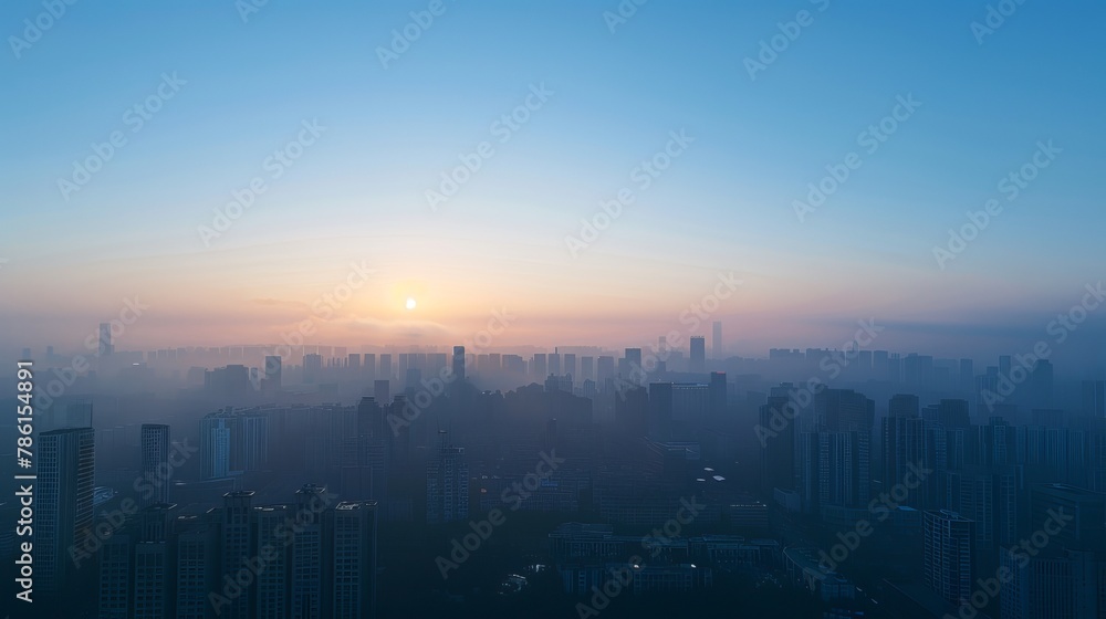 Panoramic view of China city skyline at dawn, tall buildings and skyscrapers standing against blue sky.