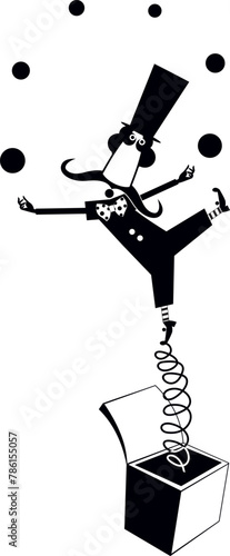 Toy circus clown on a spring pops out of the box and juggles the balls.
Funny man in the top hat on a spring pops out of the box and juggles the balls. Jack in a box toy. Surprise present box
