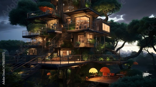 The treehouse with a tranquil pond  perfect for fantasy or nature themes.
