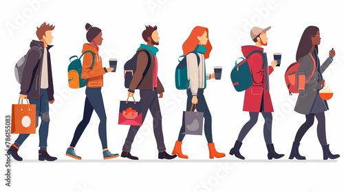 There are different people walking on a white background. Modern flat illustration of businesswoman with coffee going to work, delivery man carrying backpack, and girl with shopping bags.