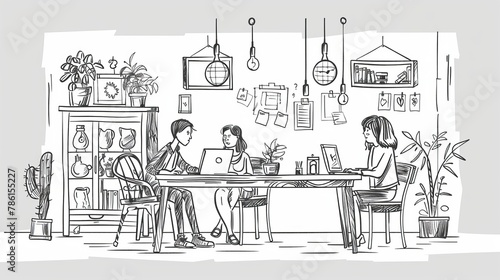 Modern illustration of an office with people working together in a team at a desk with laptops  chairs and cabinets. Man and woman employees are shown at the desk with laptops  chairs and the
