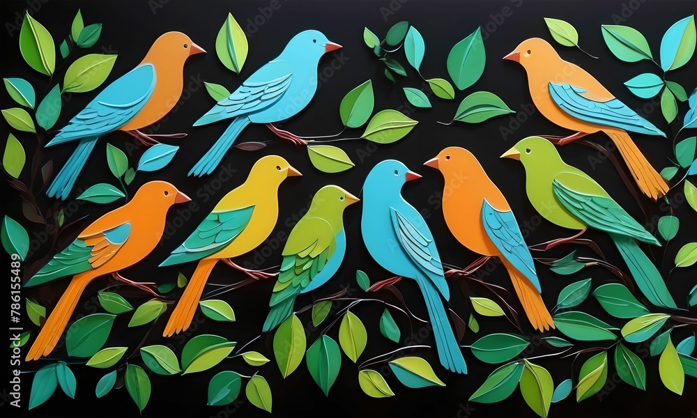 Fototapeta premium wallpaper for children, representing many multi-colored birds, moving among leaves