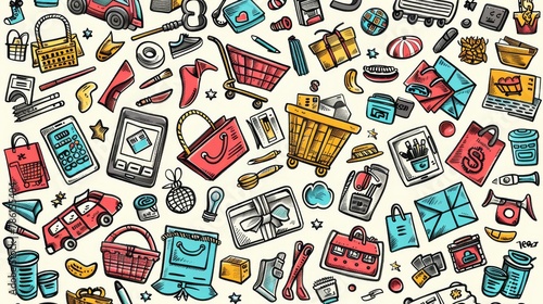 A modern hand drawn illustration of internet retail service with baskets, phones, bags, trucks and doodle signs. This background is perfect for e-commerce stores with doodle sign sales, payments, and