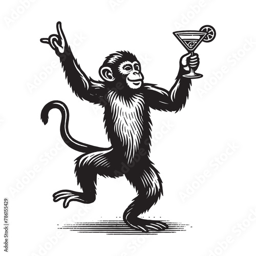 A cheerful dancing monkey with a glass of alcoholic drink in his hand. Vintage retro illustration, emblem logo. Black and white © Victoria