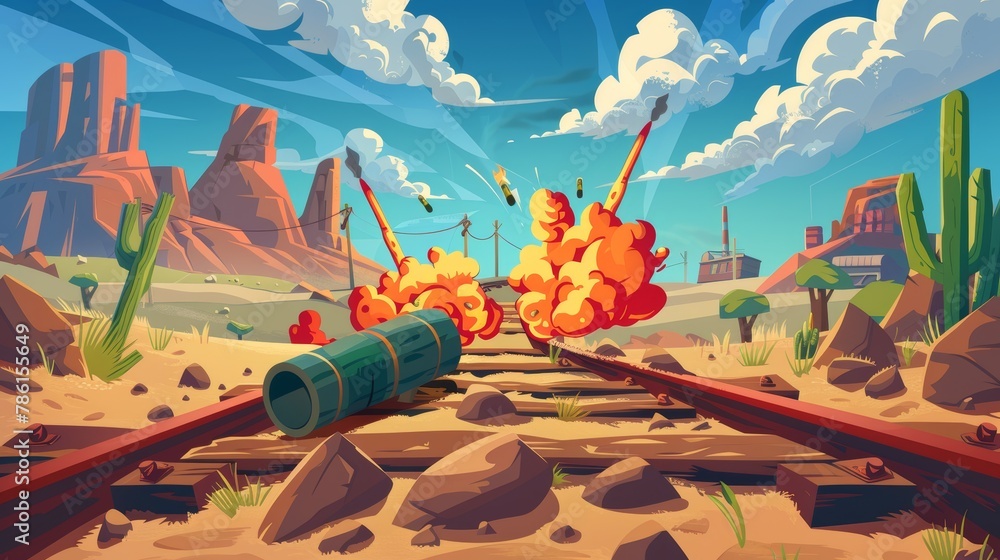Western train sabotage scene with burning fused dynamite lying on railroad sleepers and bomb explosion in wild west landscape with desert under cloudy skies, Cartoon modern illustration. - obrazy, fototapety, plakaty 