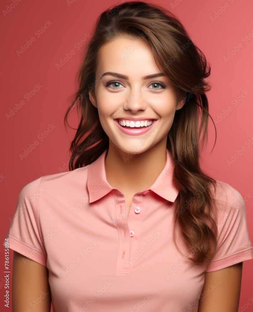Portrait of caucasian girl, wearing a casual clothing and smiling on studio color background