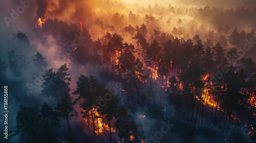 Aerial view of wildfire in forest