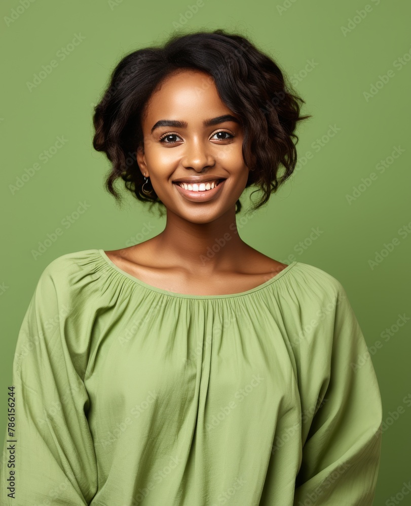 Portrait of woman, wearing a casual clothing and smiling on studio color background Portrait of woman, wearing a casual clothing and smiling on studio color background