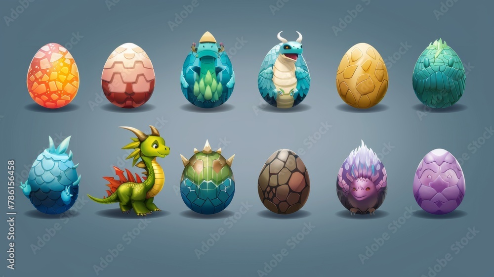 The cartoon dragon eggs with different eggshell textures isolated set, Fairytale UI game assets, ovum design elements, dinosaurs, reptiles, birds, monsters, dragon eggs in colors, modern