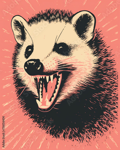 graphic design, opossum hissing, linoprint, simple possum, transparent background сreated with Generative Ai