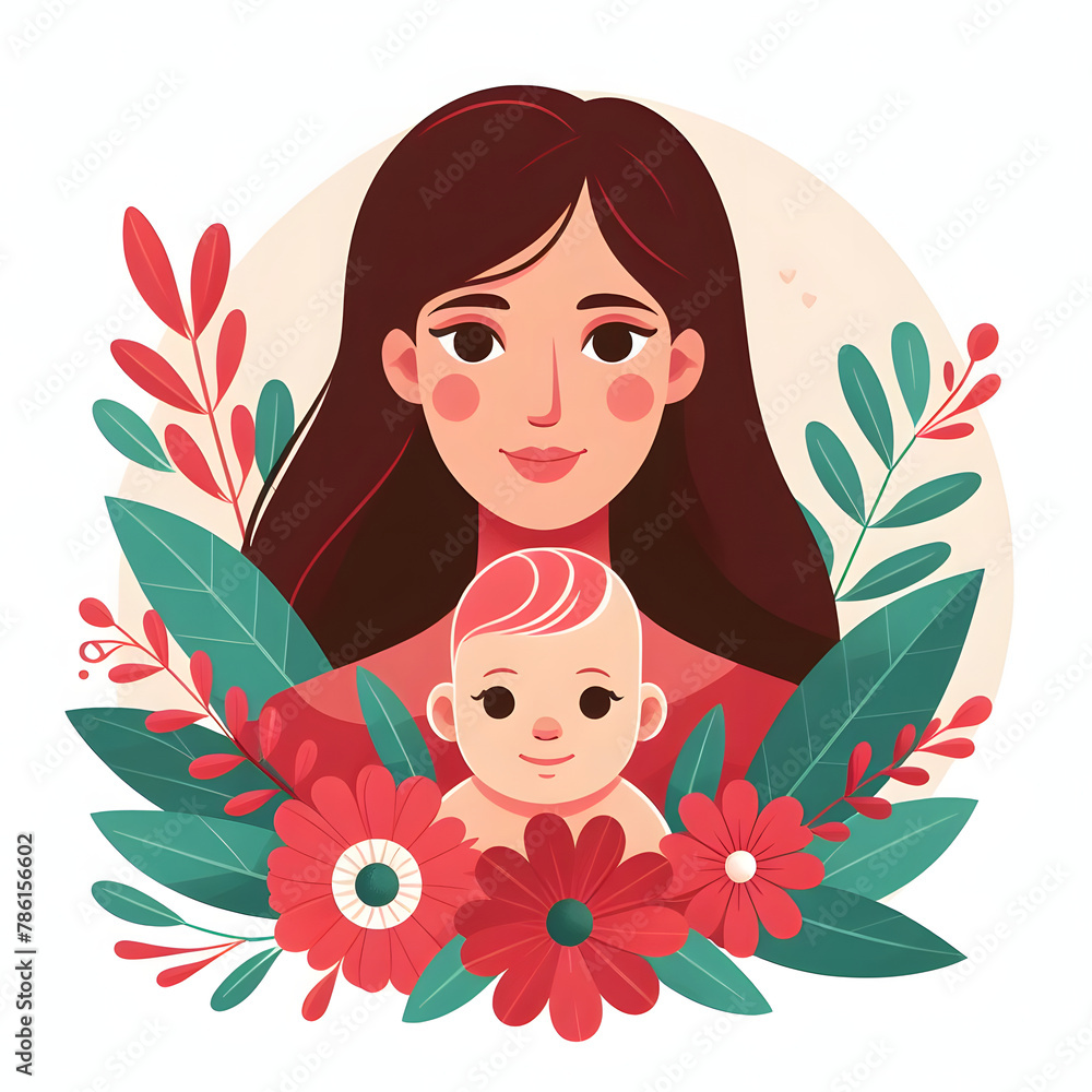 Mom face closeup with baby, flower, and leaves, red color, isolated on a white background, flat vector illustration
Mom face closeup with baby, flower, and leaves, red color, isolated on a white background, flat vector illustration