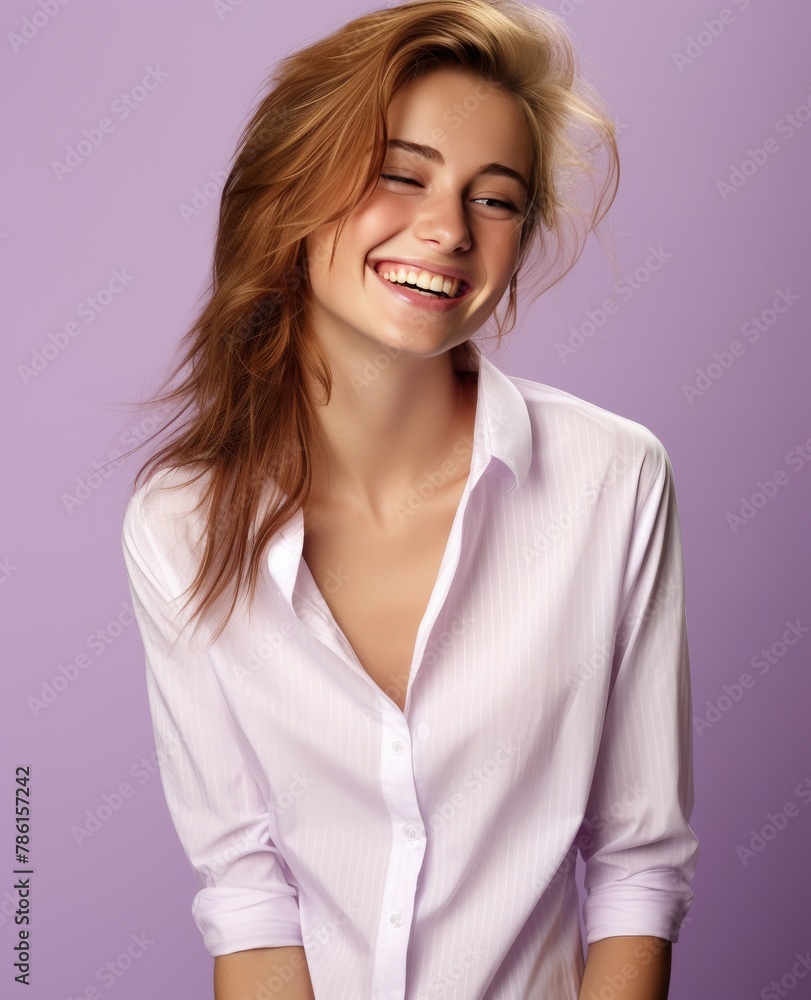 Portrait of caucasian girl, wearing a casual clothing and smiling on studio color background Portrait of caucasian girl, wearing a casual clothing and smiling on studio color background