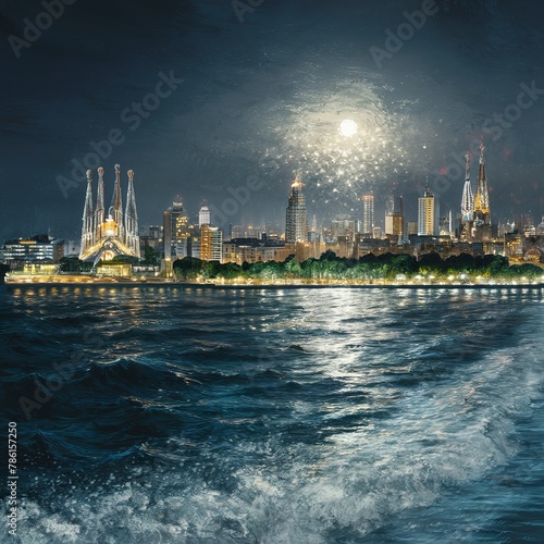 Picturesque view of Barcelona at night from Mediterranean sea  Spain