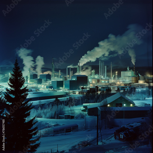 A large industrial plant with smoke billowing from it. The smoke is coming from a factory that is located near a body of water. The sky is dark and the lights from the factory are visible