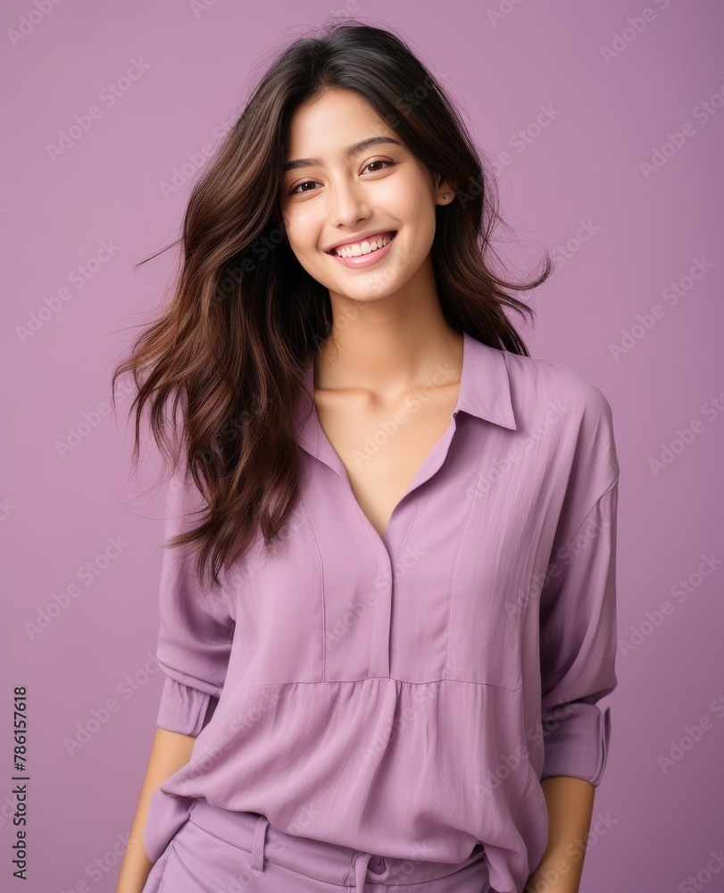 Fototapeta premium Portrait of caucasian girl, wearing a casual clothing and smiling on studio color background