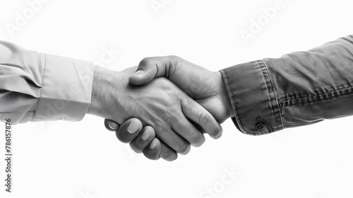 Black and white image of a firm handshake between two partners.