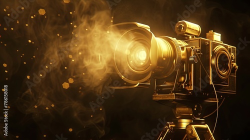 gold movie camera, strobe lighting, over head lighting, spot light, black background photo