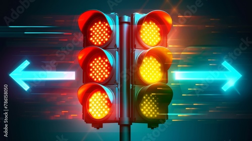 Modern realistic mockup of traffic lights with direction arrows on a street or highway. Displays red, yellow, and green LED lights. photo