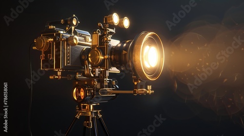 gold movie camera, strobe lighting, over head lighting, spot light, black background photo