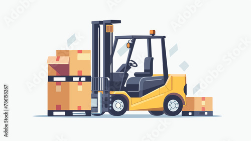 Forklift truck carrying a stacked goods boxes pallet.