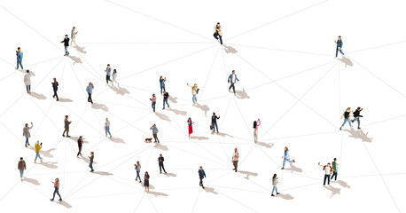 Aerial view on group of different people, men and women in motion, walking and using various gadgets, mobile phone and tablet, connected with line, isolated on white. Internet, communication, network