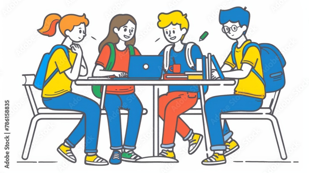 College or university students with notebooks and gadgets. School, college or university girls and boys communicating, chatting, working on laptops, preparing for exams. Line art flat modern