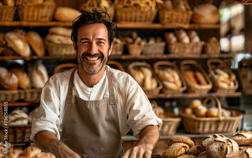 Smiling baker with a beige apron, who recommends the purchase of bread to customers, behind the baker: bread of different type in wicker baskets.