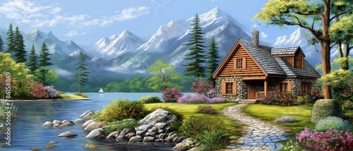 wooden cabin at riverside with snow peak mountain as background, artful painting style illustration with grungy brush stroke texture, Generative Ai