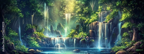 pure nature waterfall in the middle of rainforest , artful painting style illustration with grungy brush stroke texture, Generative Ai