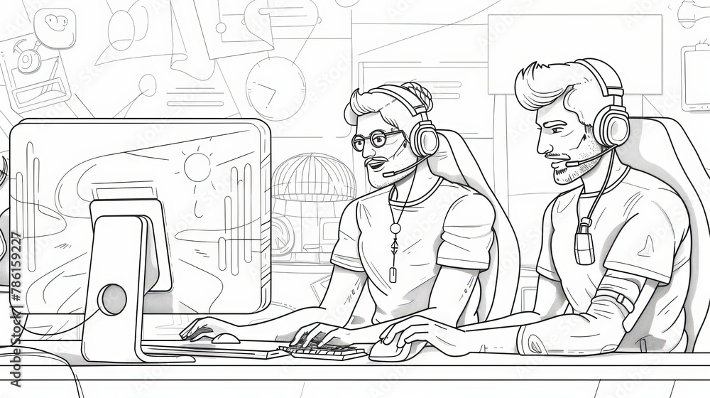 Call center helpdesks, online help desks, customer support. Technical specialist solve client problems via the internet. Operators use headsets while on the computer, illustrations in line art modern