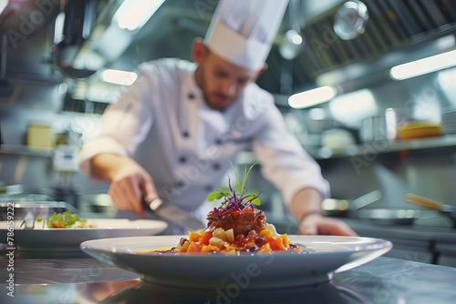 gourmet dish preparation in highend restaurant kitchen culinary arts concept photo