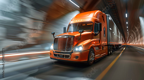 An orange semi truck driving through a tunnel. © Ashley