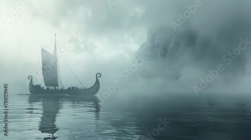 Illustration of a Viking ship navigating through the misty Northern seas photo
