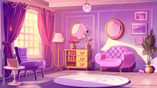 Bedroom interior with pink and purple decor. Empty room with modern furniture, mirror, bed, chair, table and cupboard. Girly design, hotel suit, apartment. Cartoon modern illustration.