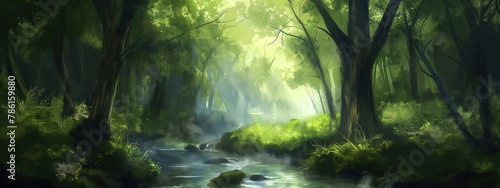pure nature waterfall in the middle of rainforest , artful painting style illustration with grungy brush stroke texture, Generative Ai © QuietWord