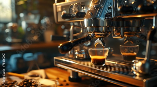 Modern coffee machine pouring milk into glass cup on countertop in kitchen