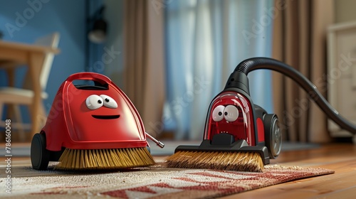 A realistic vacuum cleaner and broom falling in love. googly eyes on them.  photo