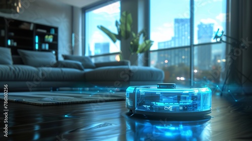 robotic vacuum cleaner, glossy transparent translucent outline, cyan and light blue, living room photo