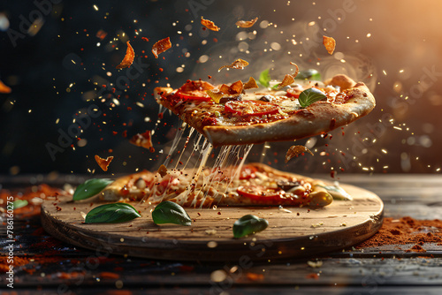 A delicious close-up of a pizza slice with fresh tomato and melted cheese on a plate