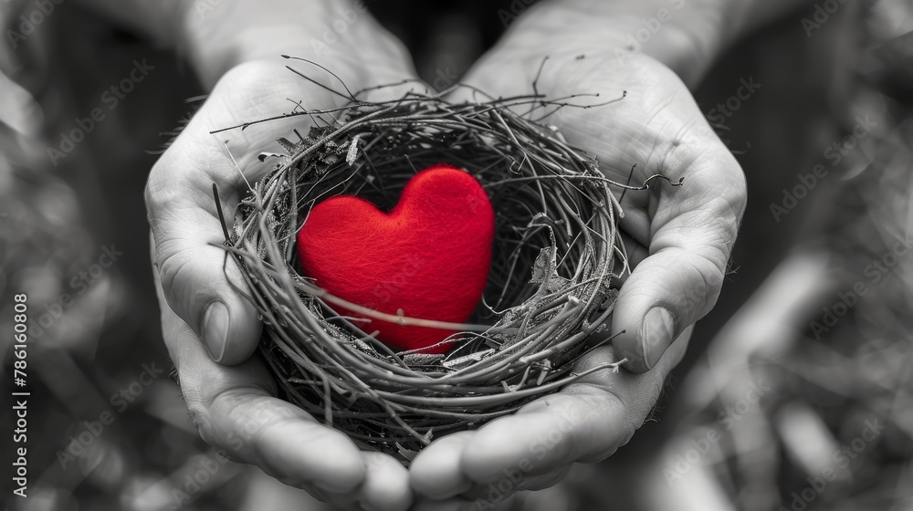 Image of a bird nest with a red heart on a black and white isolated tone background. Concept of love and marital bliss. - obrazy, fototapety, plakaty 