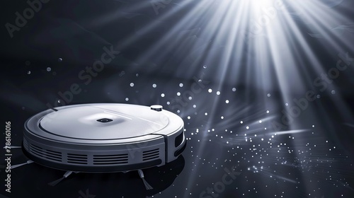 White robot vacuum cleaner in dark minimalist abstract magic shine volume space, particles and light rays on background, wallpaper