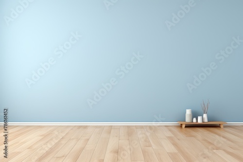Light blue empty room with a wooden tray on the floor. Blue wall mockup. Minimalist decor photo