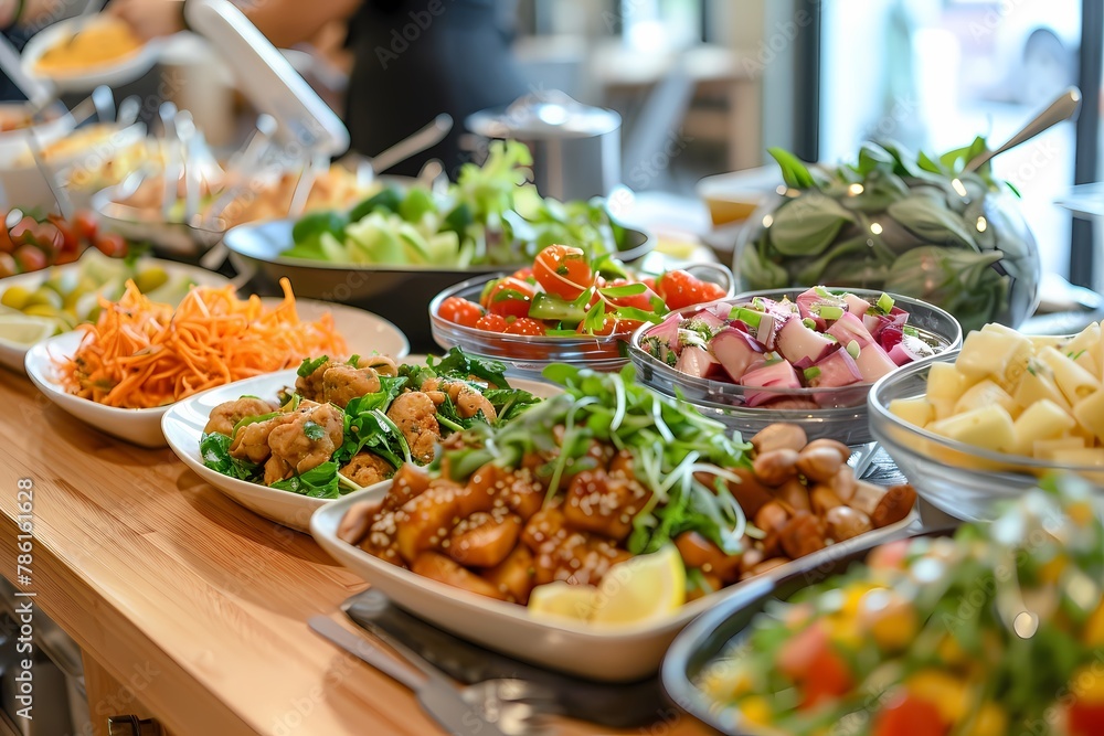 A photo of an assortment of fresh, healthy dishes on display at the company's vibrant corporate salad bar during lunchtime in various conference rooms. Ai generated
