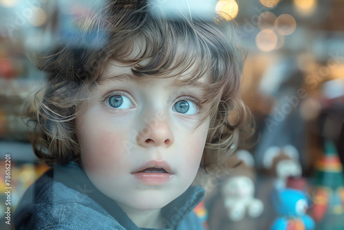 Child mesmerized by toys behind shop window, clear bg, photo