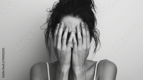 Symbol of fear, shame, and domestic violence. Black and white image of woman covering her face and holding her hands.