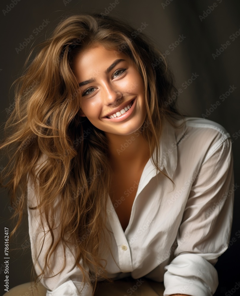 A woman with long brown hair is smiling and wearing a white shirt A woman with long brown hair is smiling and wearing a white shirt